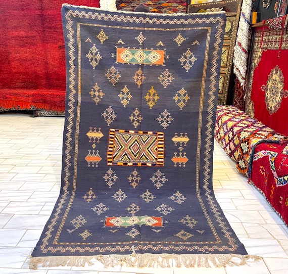 Vintage berber rug 5 x 8 - blue rug for living room - handmade morrocan rug - berber rug flat woven akhnif rug - blue area kilim