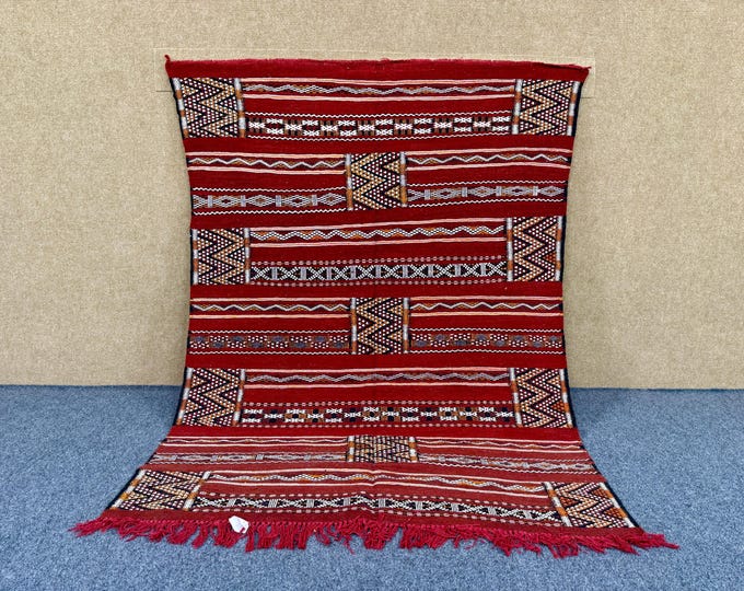 Unique Moroccan Kilim Rug 4x6 ft  – Handmade Berber Wool Rug – Flatweave Boho Carpet – Ethnic Home Decor - Tribal Moroccan Rug