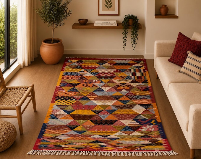 Berber Moroccan Picasso Rug 7x10 ft - Large Moroccan Akhnif Rug – Tribal Flatweave Wool Rug - Moroccan Wool Rug – Handmade Akhnif Carpet