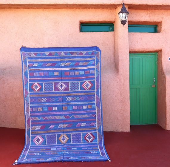Blue Berber Moroccan Rug 5x8, Cactus Agave Silk Rug, Neutral Toned Rug Silk, Flat Weave rug