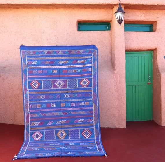 TRADITIONAL MOROCCAN RUG, blue cactus silk rug, 5x8 rug, flatweave rug, silk rug, azilal rug, living room blue rug, kilim rug