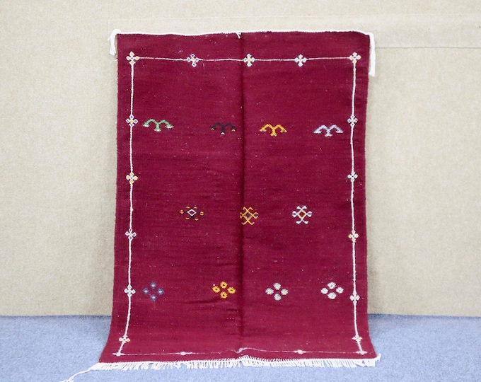 Authentic Red Akhnif Rug 3x5 - Moroccan Flat Weave Rug - Natural Wool Area Rug - Small Berber Rug - Tribal Boho Rug - Wall Hanging Rug