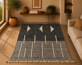 Modern Beni Ourain Rug 6x9 ft– Moroccan High Pile Wool Carpet – Black and White Rug – Handmade Wool Carpet –Hand-Knotted Berber Tribal Decor