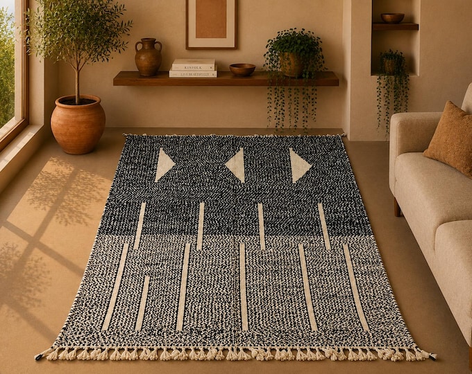 Featured listing image: Modern Beni Ourain Rug 6x9 ft– Moroccan High Pile Wool Carpet – Black and White Rug – Handmade Wool Carpet –Hand-Knotted Berber Tribal Decor