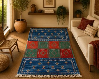 Blue Akhnif Berber Rug 5x8 ft – Moroccan Wool Flatweave – Bohemian Living Room Carpet –Rustic Moroccan Rug-Home Decor- Free Shipping