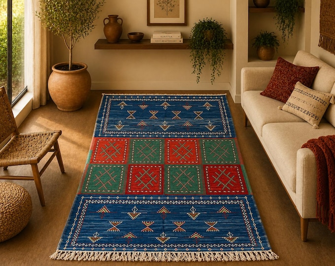 Blue Akhnif Berber Rug 5x8 ft – Moroccan Wool Flatweave – Bohemian Living Room Carpet –Rustic Moroccan Rug-Home Decor- Free Shipping