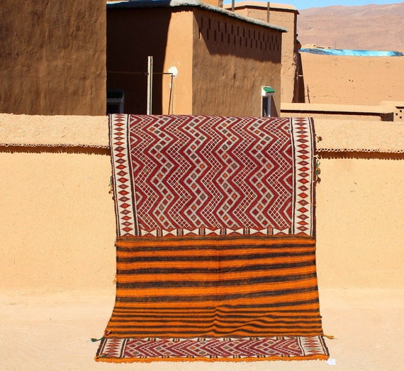 Vintage Moroccan Rug 5x9 - Handwoven Orange Kilim, Berber Beni Mguild Rug