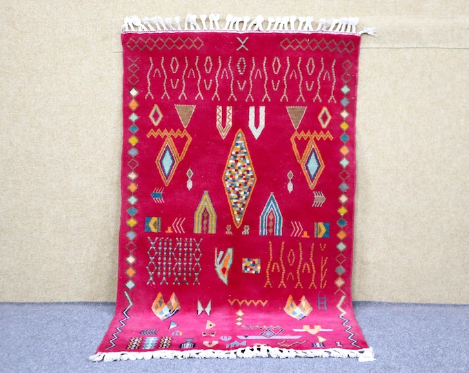 Authentic Red Moroccan Rug 3x5 - Handwoven Berber Rug - Natural Wool Area Rug - Soft Rug For Living Room - Tribal Boho Rug