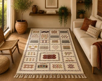 Geometric Kilim Rug 3x7 ft – Moroccan Flatweave Wool Carpet – Living Room Kilim Rug – Boho Berber Carpet – Natural Moroccan Rug