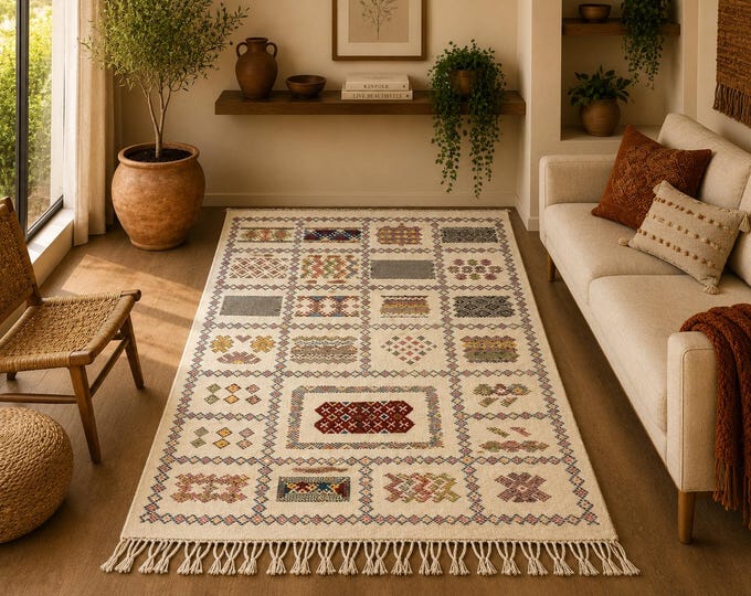 Geometric Kilim Rug 3x7 ft – Moroccan Flatweave Wool Carpet – Living Room Kilim Rug – Boho Berber Carpet – Natural Moroccan Rug