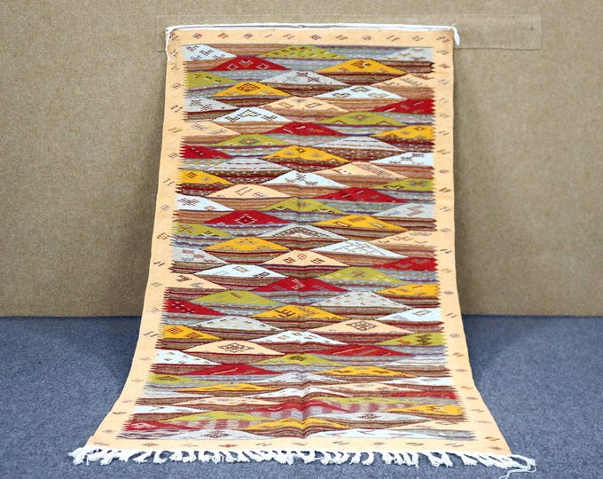 Vibrant Moroccan Akhnif Rug 3x6 - Rare Berber Rug - Flat weave Rug For Living Room - Natural Wool Area Rug - Handwoven Akhnif Rug