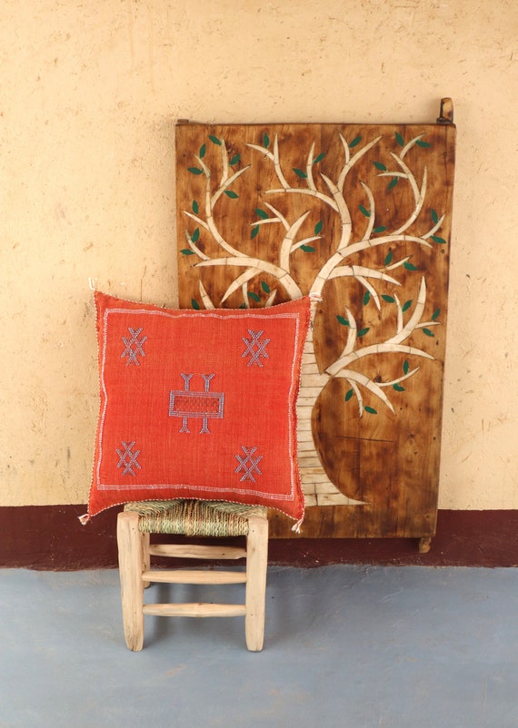 LUXURIOUS RED Cactus Silk PILLOW Cover | Moroccan Lumbar Cushion | 18x18 Handmade Throw