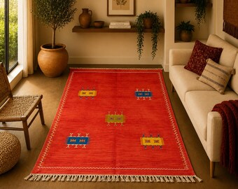 Vintage Red Akhnif Rug from Morocco – Handmade Berber Wool Carpet 4x9 ft - Moroccan Living Room Rug – Rustic Bohemian Wool Rug