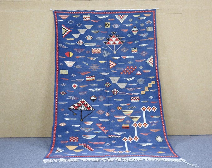 Authentic Blue Moroccan Rug 5x8 - Handwoven Akhnif Rug - Berber Rug For Living Room - Flat Weave Tribal Boho Rug - Natural Wool Area Rug