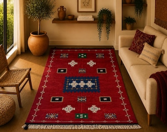 Unique Moroccan Wool Rug 5x9 ft  – Handmade Akhnif Flatweave – Tribal Minimalist Boho Decor - Traditional Carpet – Free Shipping Worldwide