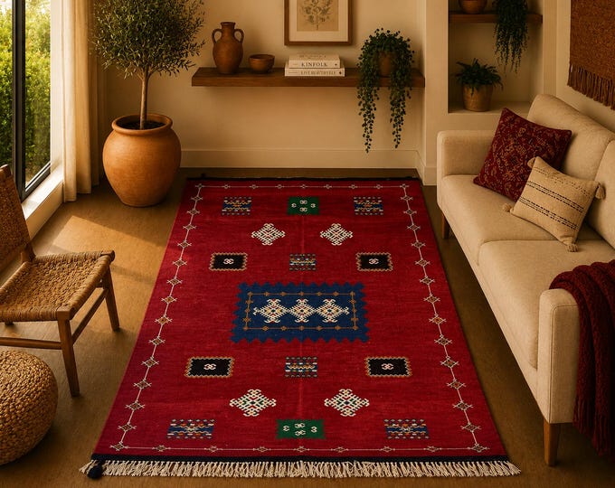 Unique Moroccan Wool Rug 5x9 ft  – Handmade Akhnif Flatweave – Tribal Minimalist Boho Decor - Traditional Carpet – Free Shipping Worldwide