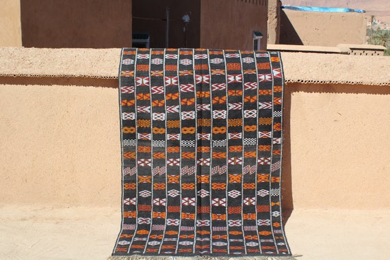 MOROCCAN BLACK KILIM - flat weave berber rug, 4x7 rug, artwork rug