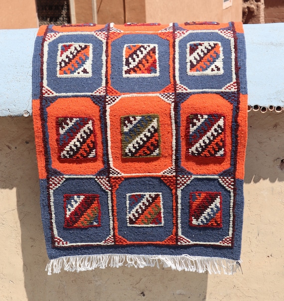 navy blue outdoor rug, unique rugs 2x3, small berber rug, handmade rug, checked rug, array designs