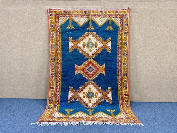 Vintage Blue Moroccan Rug 5x8 - Rare Handcrafted Rugs - Wool Rug with Timeless Character