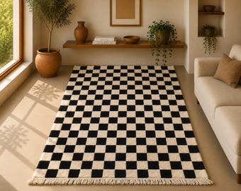 Black And White Checkered Rug 5x8 ft | Moroccan Beni Mrirt Rug | Soft Wool Handmade Rug | Luxury Berber Carpet for Bedroom or Living Room