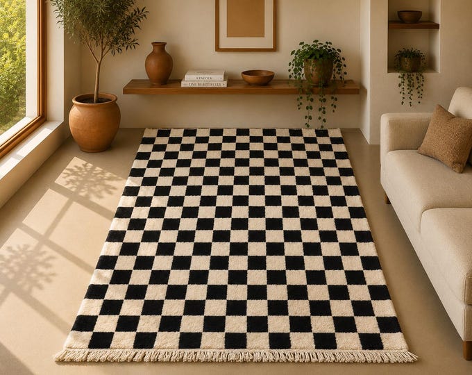 Black And White Checkered Rug 5x8 ft | Moroccan Beni Mrirt Rug | Soft Wool Handmade Rug | Luxury Berber Carpet for Bedroom or Living Room