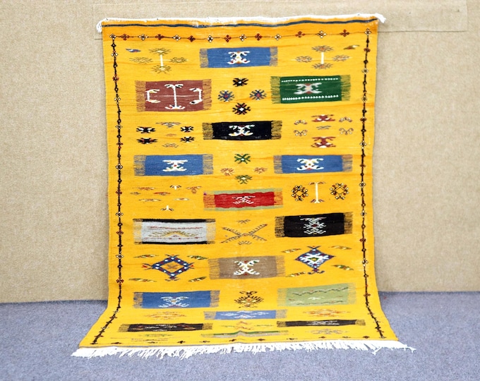 Yellow Akhnif Rug 4x6 - Handwoven Moroccan Rug - Flat Weave Berber Rug - Small Akhnif Rug - Natural Wool Area Rug - Boho Rug