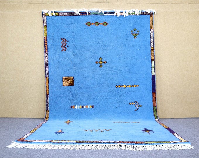 Blue Moroccan Rug 6x10 - Handwoven Beni Ourain Rug - Soft Plush Moroccan Rug - Natural Wool Area Rug - High Pile Rug