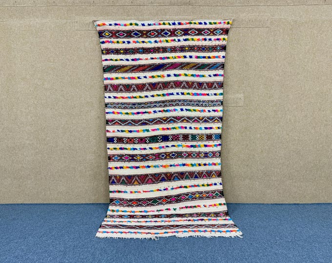 Vintage Moroccan rug 4x8 - Beni Mguild Style Rug - Striped Beber Rug - Flatweave Wool Rug - Handmade Boho carpet