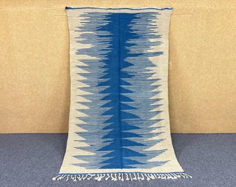 Authentic Blue Moroccan Rug | 5x8 flatweave Wool Kilim | Handmade Berber Rug |Large Wool Area Rug| Boho Moroccan Home Decor| Free Shipping