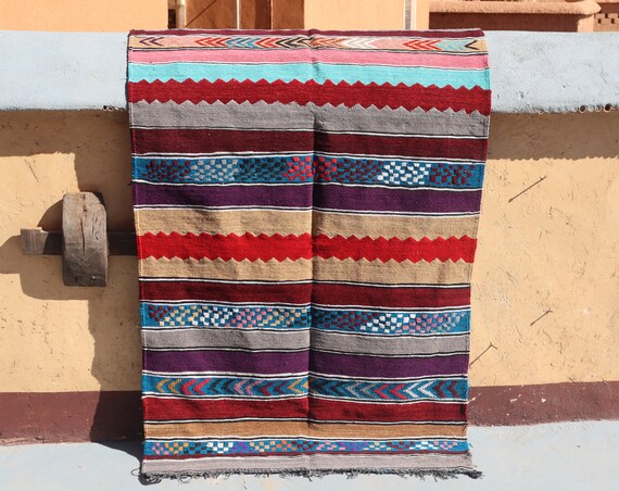 COLORFUL BERBER MOROCCAN 3x6 rug, flat weave rug, handwoven kilim rug, azilal rug, boujaad rug, berber rug, morrocan rug