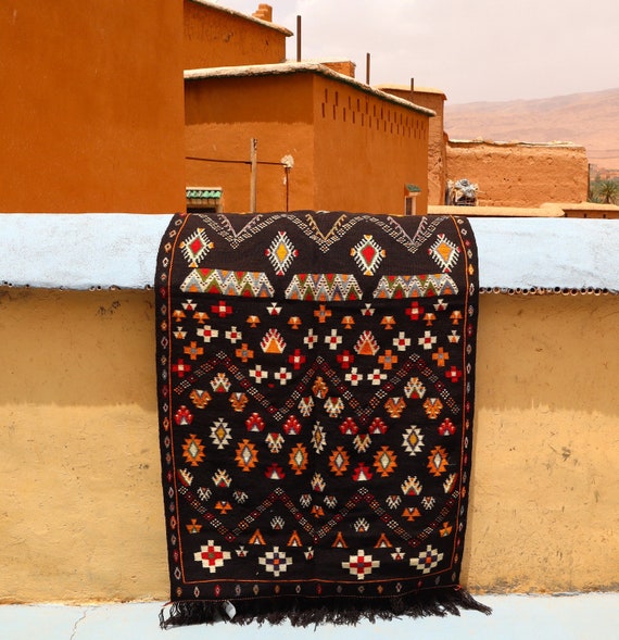 Gorgeous Moroccan Berber rug 3x5 - black piece of art - handmade abstract rug - wall rug - Flat weave rug - Ait Ouagherda rug - boho rug