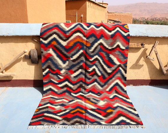 Unique Multicolored Wool Rug 5x8, Berber Picasso Rug, Flat Weave Rug, Akhnif Rug, Bohemian Decor Rug, Piece of Art Rug