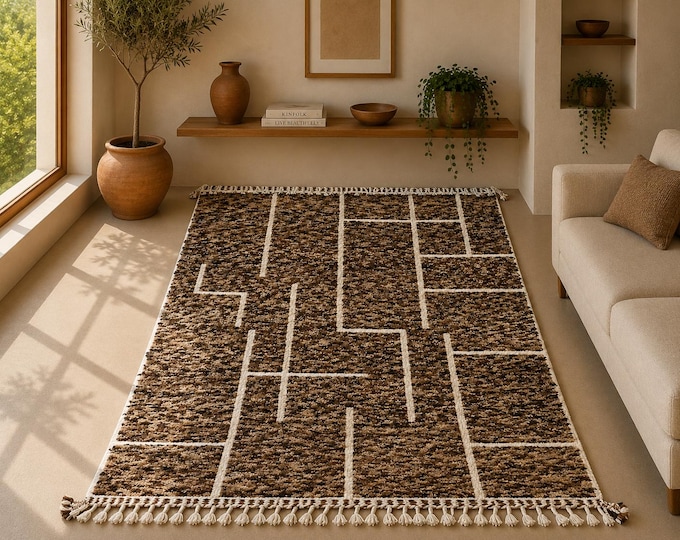 Amazing Brown Moroccan Rug 6x10 -Authentic Moroccan Berber Wool Carpet, One of a Kind Tribal Art Rug from High Atlas, Colorful Boho