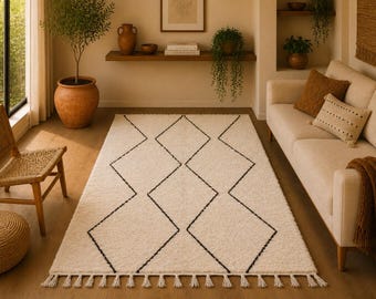 Moroccan Beni Ourain Area Rug – 5x8 ft Handwoven Wool Carpet -Cream & Black Tribal Design - Boho Home Decor - Minimalist Moroccan Rug