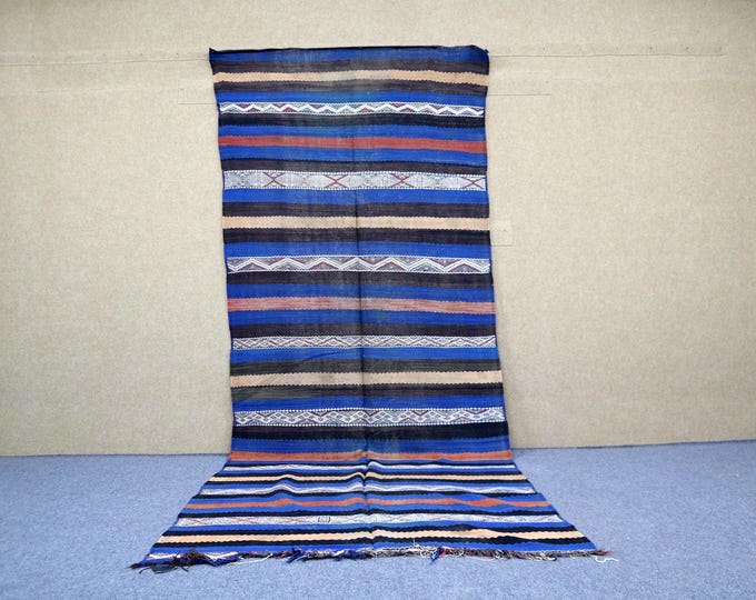 Vintage Kilim Moroccan Rug 4x12 - Handwoven Berber Rug - Moroccan Striped Rug For Living Room - Boho Tribal Rug