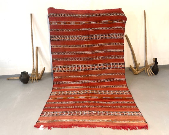 Moroccan rug flat woven Brown Hanbel Kilim berber flat woven rug 9,3 x 5,7 Feet