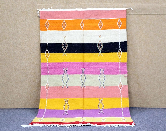 Colorful Akhnif Rug 3x5 - Handwoven Moroccan Rug - Flat Weave Rug - Berber Rug For Living Room - Natural Wool Area Rug - Striped Akhnif Rug
