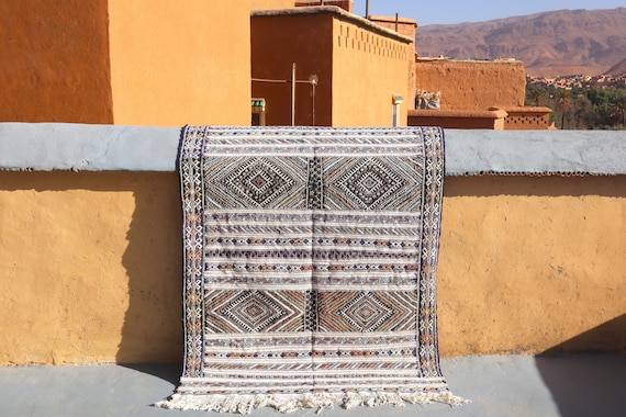 Handwoven Moroccan Blue Kilim Rug - 4x6 rug - Boho Berber Nomad Design - Flat Weave Area Rug - Light blue rug