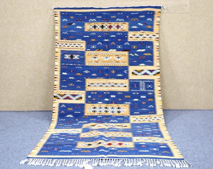 Vibrant Moroccan Akhnif Rug 3x7 - Blue Handwoven Rug - Berber Rug For Living Room - Natural Wool Rug - Moroccan Flat weave Rug