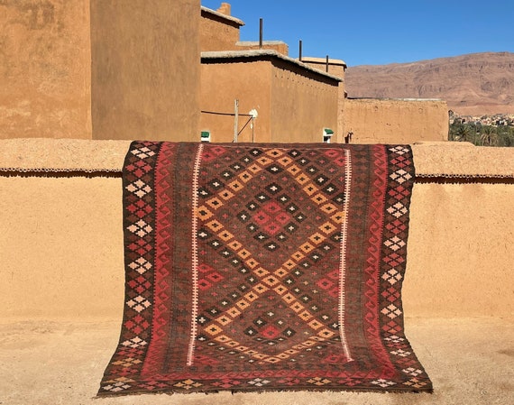 Authentic 6x9 Kilim Rug - Brown Berber Moroccan Shag Rug for Vintage Boho Decor