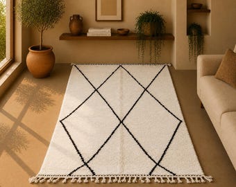 Handmade Beni Ourain Rug 5x8 ft –Soft Wool Moroccan Carpet – Neutral Berber Rug – Black and White Tribal Design – Cozy Boho Decor