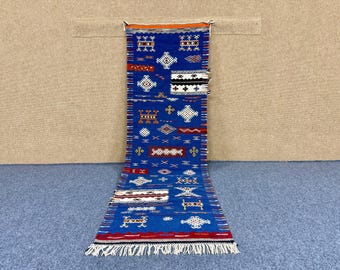 Akhnif Runner 2x7 ft – Moroccan Berber Rug – Handwoven Wool Flatweave – Boho Hallway Decor - Blue Long Wool Hall Rug - Free Shipping
