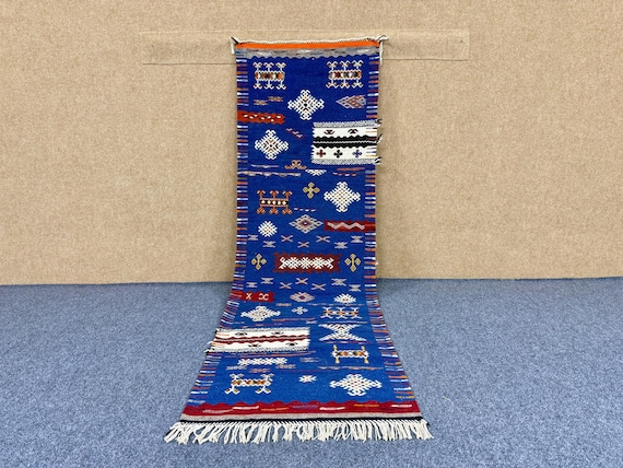 Akhnif Runner 2x7 ft – Moroccan Berber Rug – Handwoven Wool Flatweave – Boho Hallway Decor - Blue Long Wool Hall Rug - Free Shipping