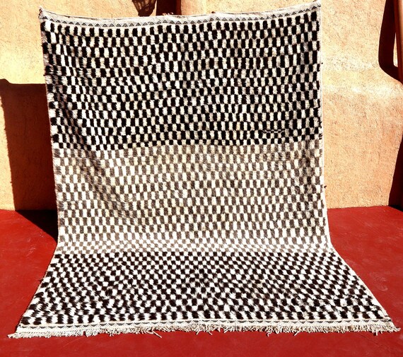 Amazing Berber Moroccan rug 7x10, Beniouarain rug, Checkered area rug, Handknotted wool rug, Minimalist Natural rug, Living room rug