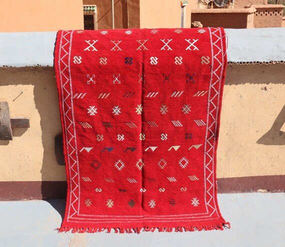 AUTHENTIC RED MOROCCAN rug, 3x6 rug, morrocan rug, flat weave kilim rug, handmade boujad rug