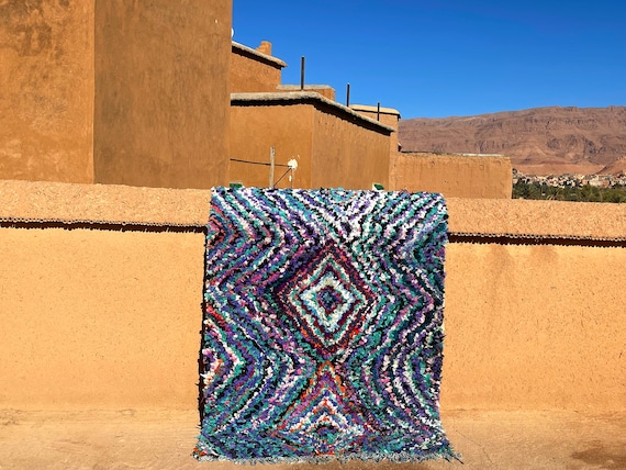 Beautiful Blue area rug 4.6 x 7.4 Feet - tribal rug - Boucherouite Rug - handmade rug - Berber Rug - 7.4 x 4.6  Feet