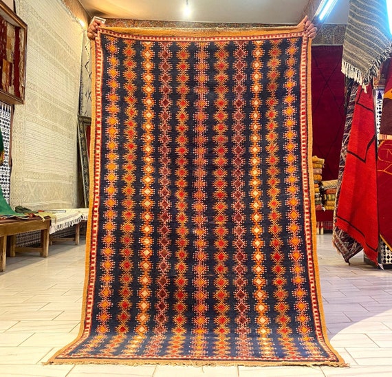 Vintage Moroccan rug 6x4 feet - Berber rug - blue orange rug - taznakhet rug - Beni rug - 6.5 x 4 feet
