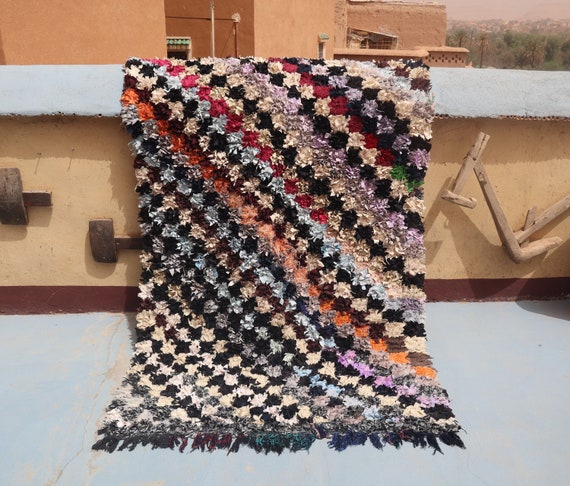 authentic moroccan checkered rug, 4x7 rug, black ivory rug, patchwork rug, ancient berber rug, colorful area rug, handmade traditional rug