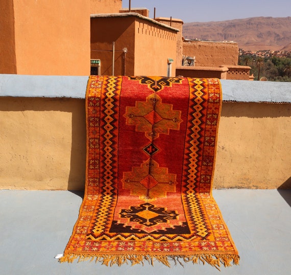 Taznakht 5x10 Vintage Moroccan Rug - Warm Orange Yellow Berber Wool, Boho Chic Decor