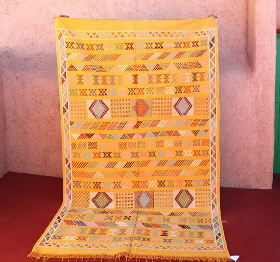 5x8 Silk rug, Cactus Silk Rug Yellow, Berber Kilim Moroccan Rug, Neutral Toned Rug Silk, Agave Cactus Rug